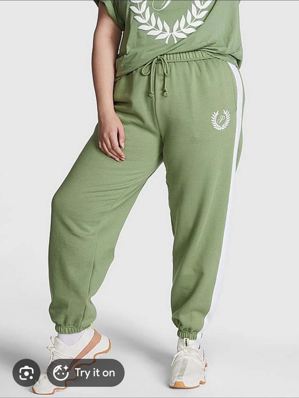 🚨 PINK Victoria's Secret Olive Green Joggers with White Side Stripes